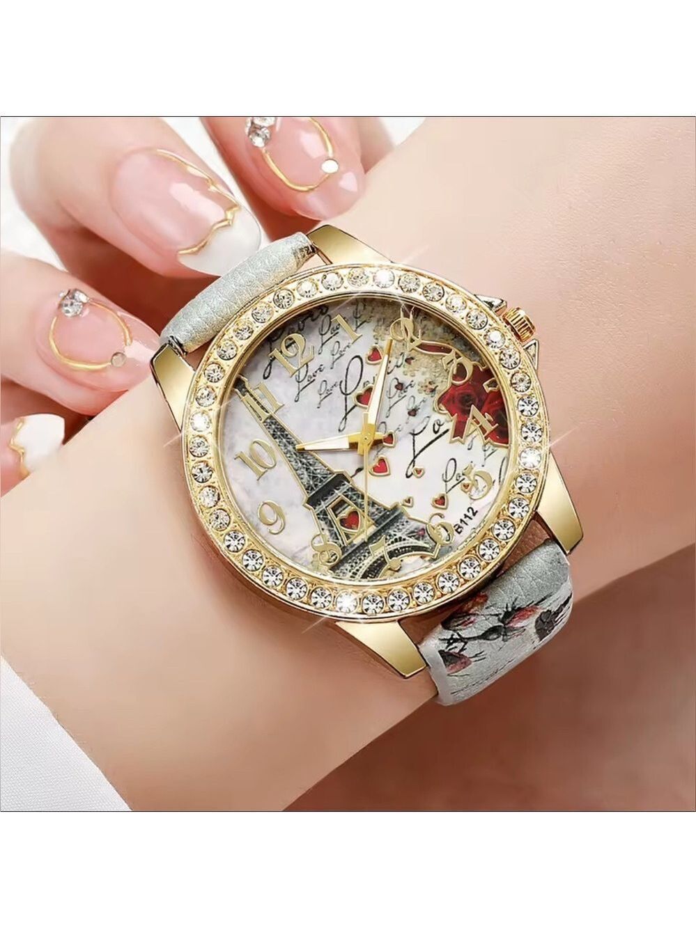 Elegant High Fashion Women’s Quartz Gold and Gray Eiffel Tower Love Watch Grey